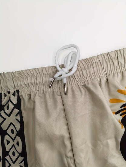 Herren Freizeitshorts mit Ethno-Muster und künstlerischem Flötenspieler-Motiv – Ideal für Sommer und Strand