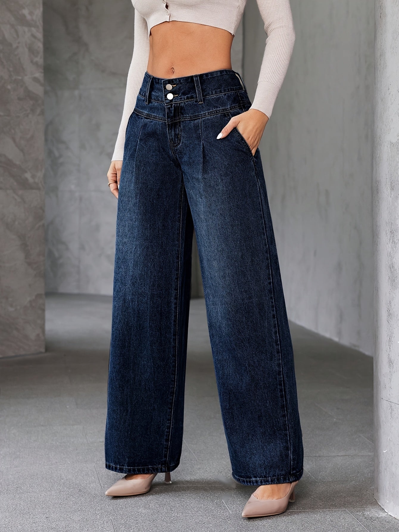 Damen High Waist Weite Schlagjeans – Modische Freizeit-Hose mit weitem Bein