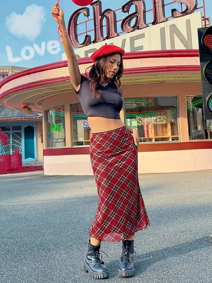Damen Maxirock im karierten Vintage-Stil – Eleganter Streetwear-Look