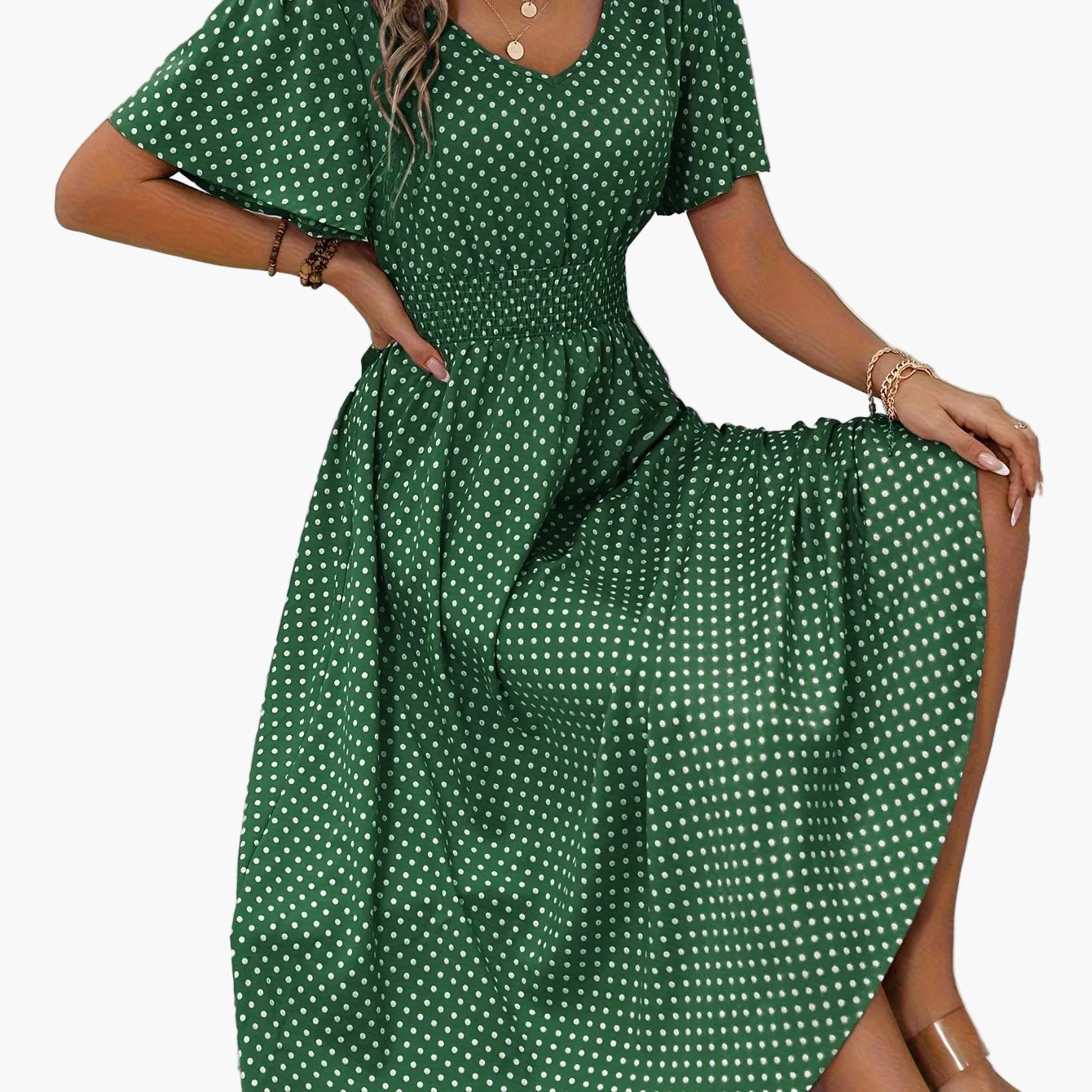 Damen Sommerkleid mit Punkten, V-Ausschnitt, elegant und luftig für Alltag & Urlaub