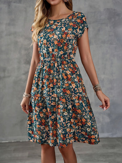 Damen Freizeitkleid mit Blumenmuster im Boho-Stil – Sommerkleid mit Kurzarm für Urlaub und Alltag