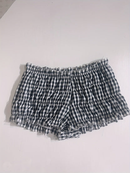 Damen Y2K Karo Rüschen Shorts – Vintage Style Loungewear & Pyjamashorts