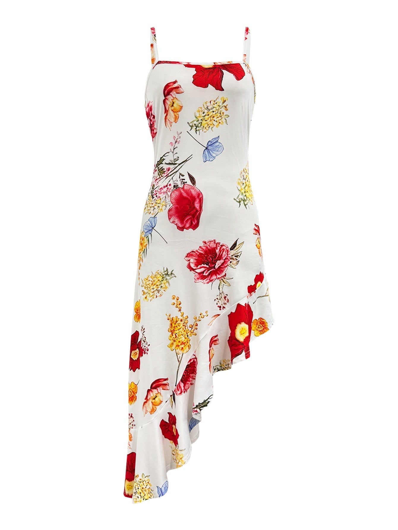 Damen Asymmetrisches Midi-Kleid mit Blumenmuster und Rüschen – Eleganter Look für Feste & Feiern