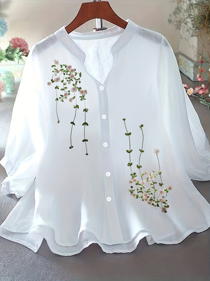 Damen Elegante Bluse mit Stickerei und lockerem Schnitt – Perfekt für Freizeit und Büro