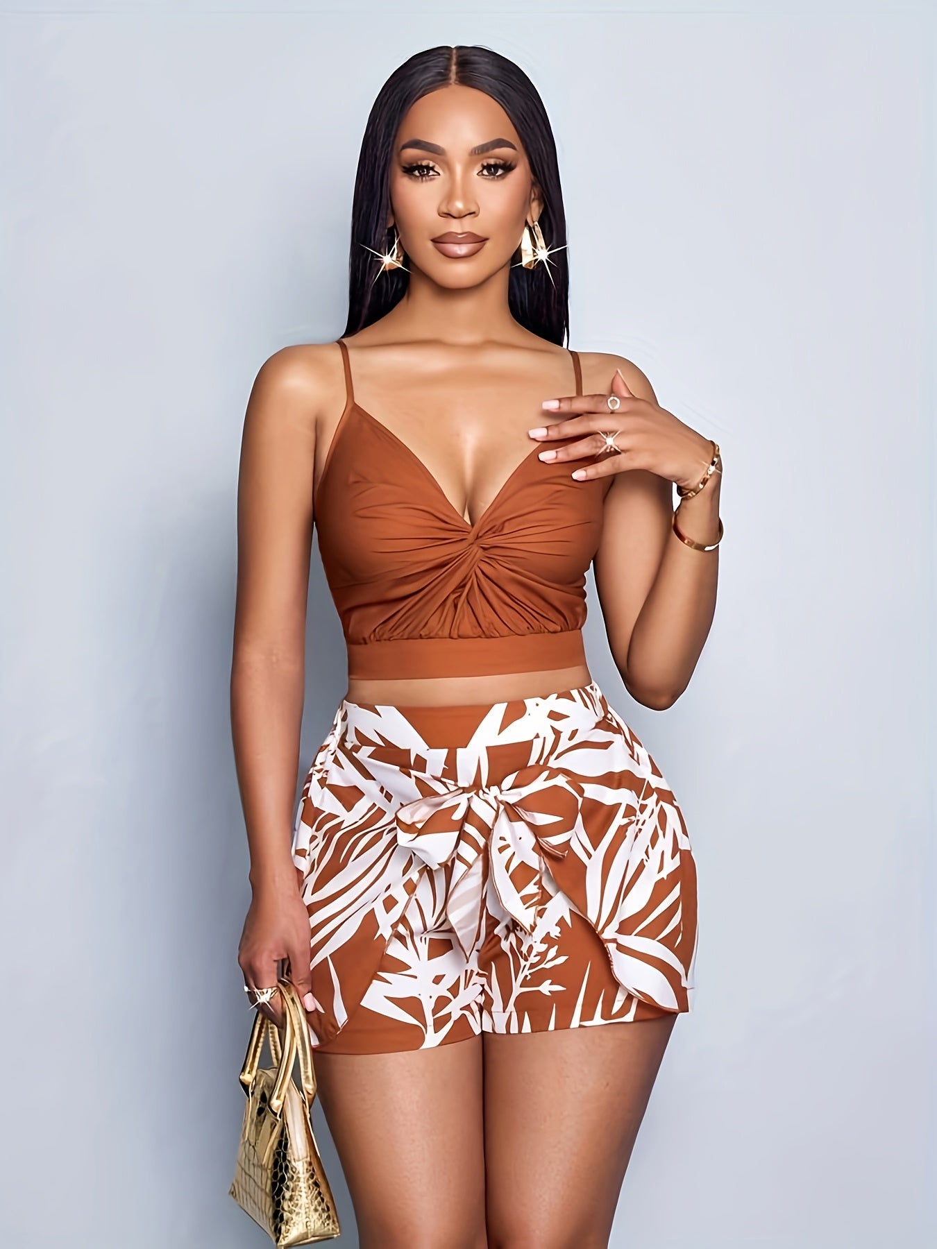Damen Sommer Set – Modisches Crop Top und Shorts mit tropischem Print, ideal für Urlaub und Freizeit
