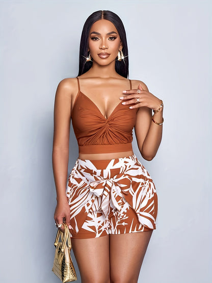 Damen Sommer Set – Modisches Crop Top und Shorts mit tropischem Print, ideal für Urlaub und Freizeit