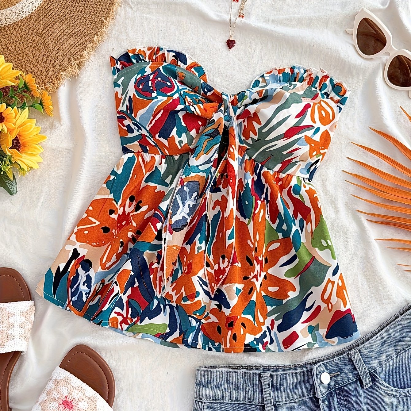 Damen Bandeau Crop Top mit Knoten und Blumenmuster – Modisches Bustier für Urlaub und Sommer-Outfits