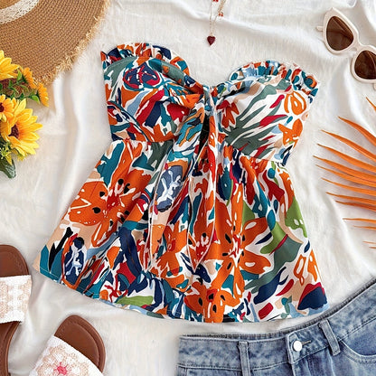 Damen Bandeau Crop Top mit Knoten und Blumenmuster – Modisches Bustier für Urlaub und Sommer-Outfits