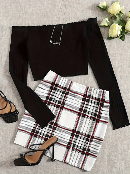 Damen Off-Shoulder Zweiteiler Set – Elegantes Oberteil mit Falten & Karierter Minirock – Perfekt für Frühling und Sommer
