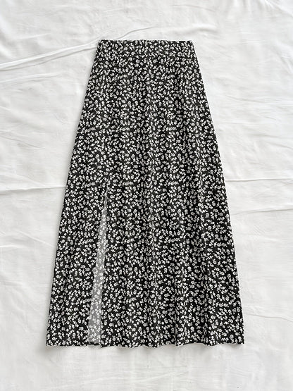 Damen Midi-Rock mit Blumenmuster und Schlitz – Eleganter Freizeitrock für Alltag & Ausgehen