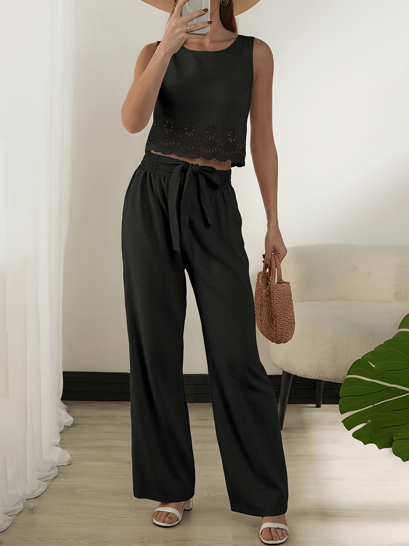 Damen Elegantes 2-teiliges Sommer-Set mit Crop Top und Weitbein-Hose – Modischer Freizeitanzug mit Stickerei