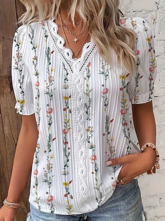 Damen Bluse Elegant mit Blumenmuster und Rüschenausschnitt – Perfekt für Freizeit und Sommer
