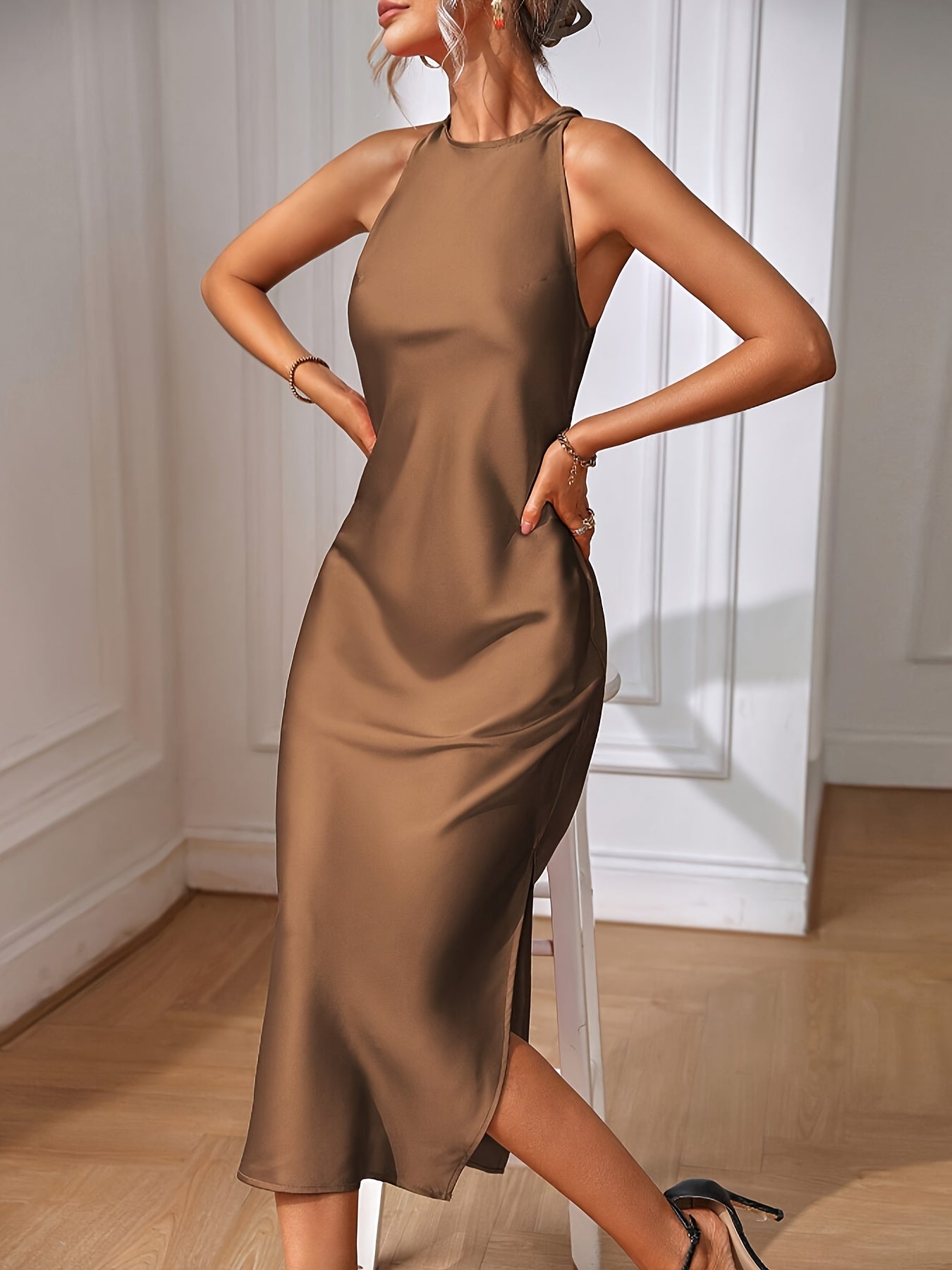 Damen Elegantes Midi-Abendkleid mit hohem Halsausschnitt – Perfekt für festliche Anlässe