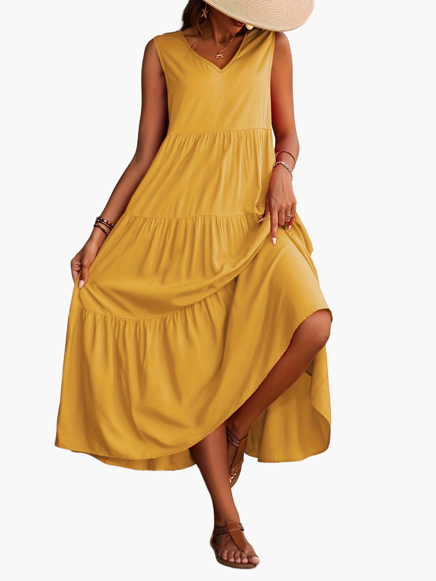 Damen Maxikleid Sommer Boho Elegant Ärmellos Freizeit V-Ausschnitt