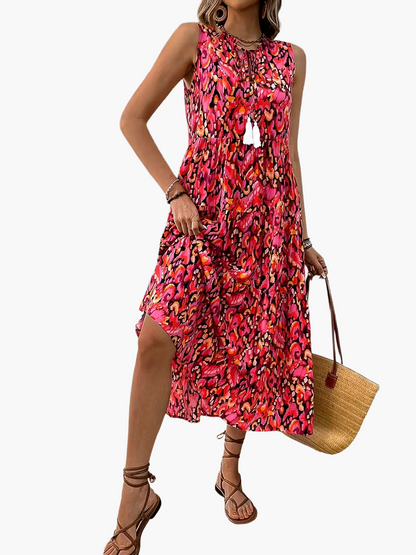 Damen Boho A-Linien Sommerkleid ärmellos – Luftiges Freizeitkleid mit Allover-Print und Quasten