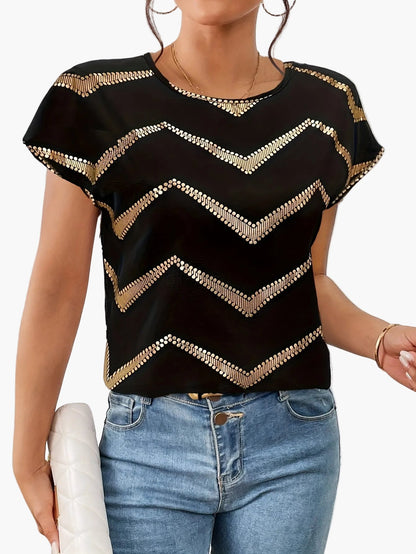 Damen Elegantes Batwing Top mit Metallic-Zickzackmuster für Alltag und Party