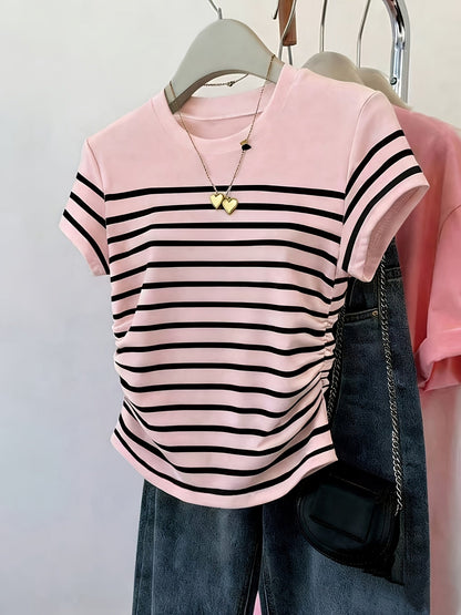 Damen T-Shirt im Streifen-Design mit modischen Raffungen – Perfekt für Freizeit und Alltag