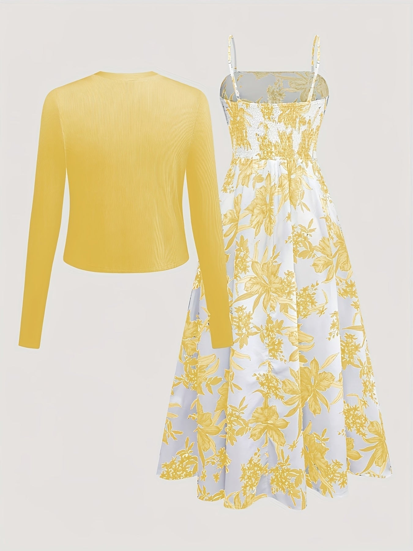Elegantes Damen Kleid mit Blumenmuster und passendem Cardigan Set