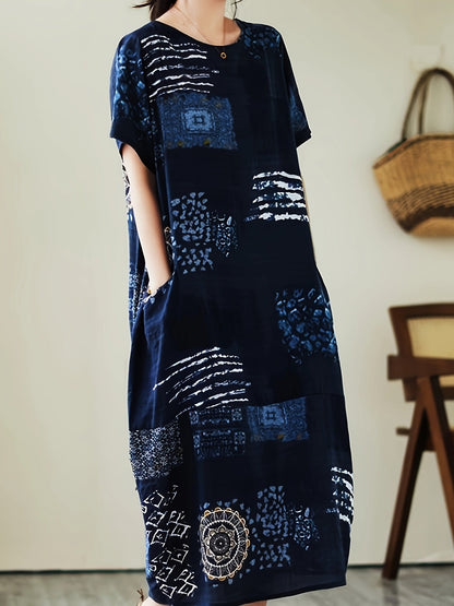 Damen Oversize-Kleid mit künstlerischem geometrisch-botanischem Muster und kurzen Ärmeln – Lässiges Freizeitkleid mit Taschen