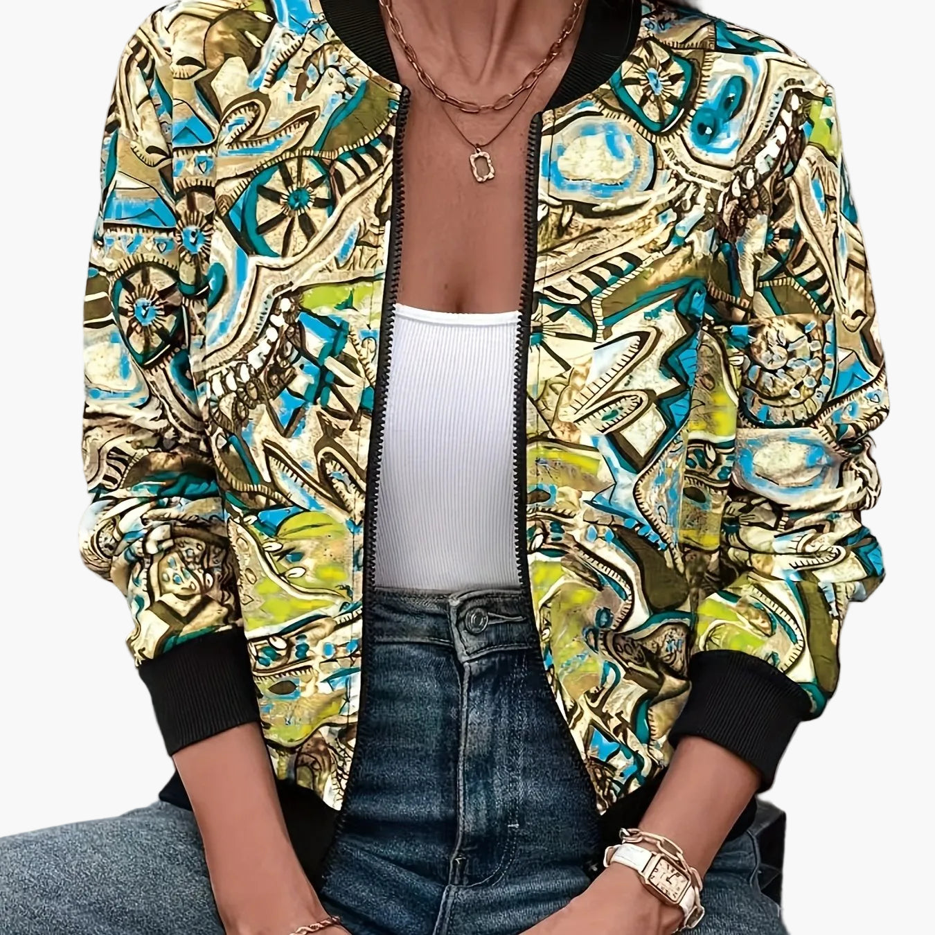 Damen Bomberjacke mit künstlerischem Print – Stilvolle Übergangsjacke für Freizeit & Alltag