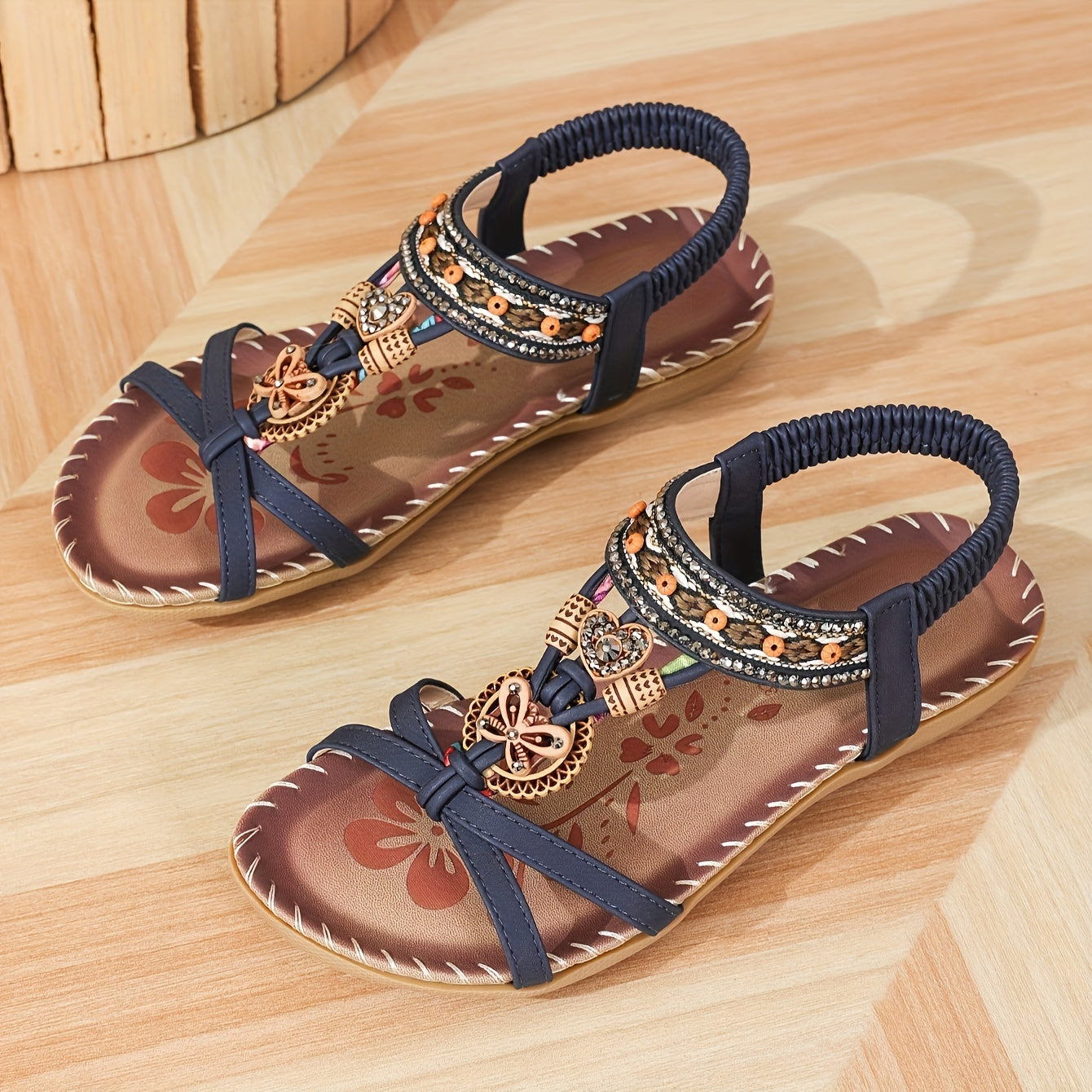 Damen Boho Sandalen mit Perlen und Ornamenten – Bequeme Sommerschuhe für Alltag & Urlaub