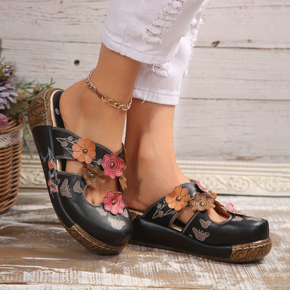 Damen Wedges Mules mit Blumen- und Schmetterlingsdesign – Boho Komfortschuhe