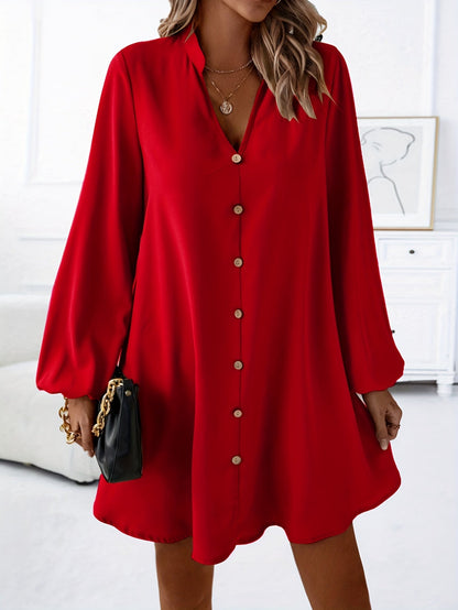 Damen Shirtkleid Elegant Locker Freizeit V-Ausschnitt Knopfleiste