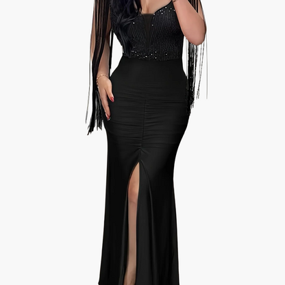 Damen Abendkleid Elegant mit Fransenärmeln und hohem Schlitz – Perfekt für festliche Anlässe
