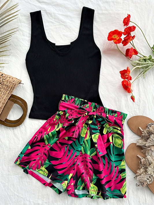 Damen Zweiteiler Set – Stylisches Top mit Tropenmuster Shorts für Urlaub und Freizeit