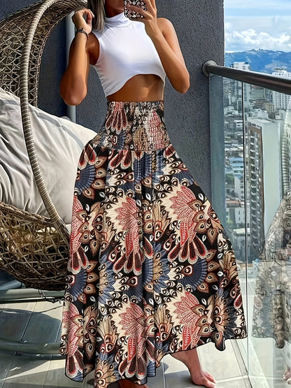 Damen Maxirock Boho-Stil mit tropischem Muster – Perfekt für Sommer, Urlaub & Freizeit