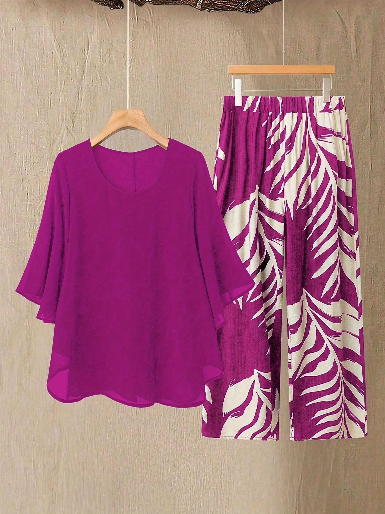 Damen Zweiteiler Set Elegant – Weite Hose mit Tropenmuster und Fließende Bluse, Perfekt für Urlaub und Sommer