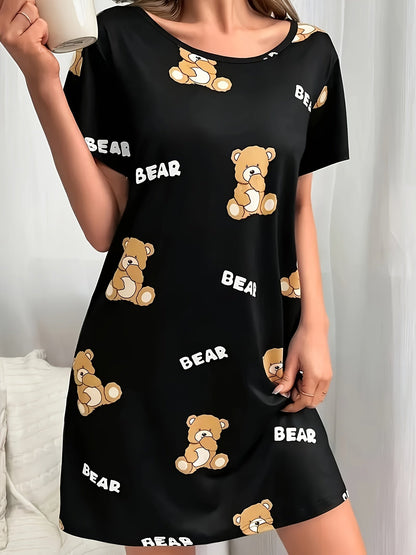 Damen Nachthemd mit Teddybär-Print – Bequemes Casual Schlafshirt für Erwachsene