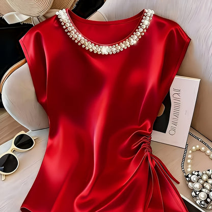 Damen Elegante Satinbluse mit Perlenkragen und Raffdetails – Stilvolle Kurzarm-Bluse für festliche Anlässe