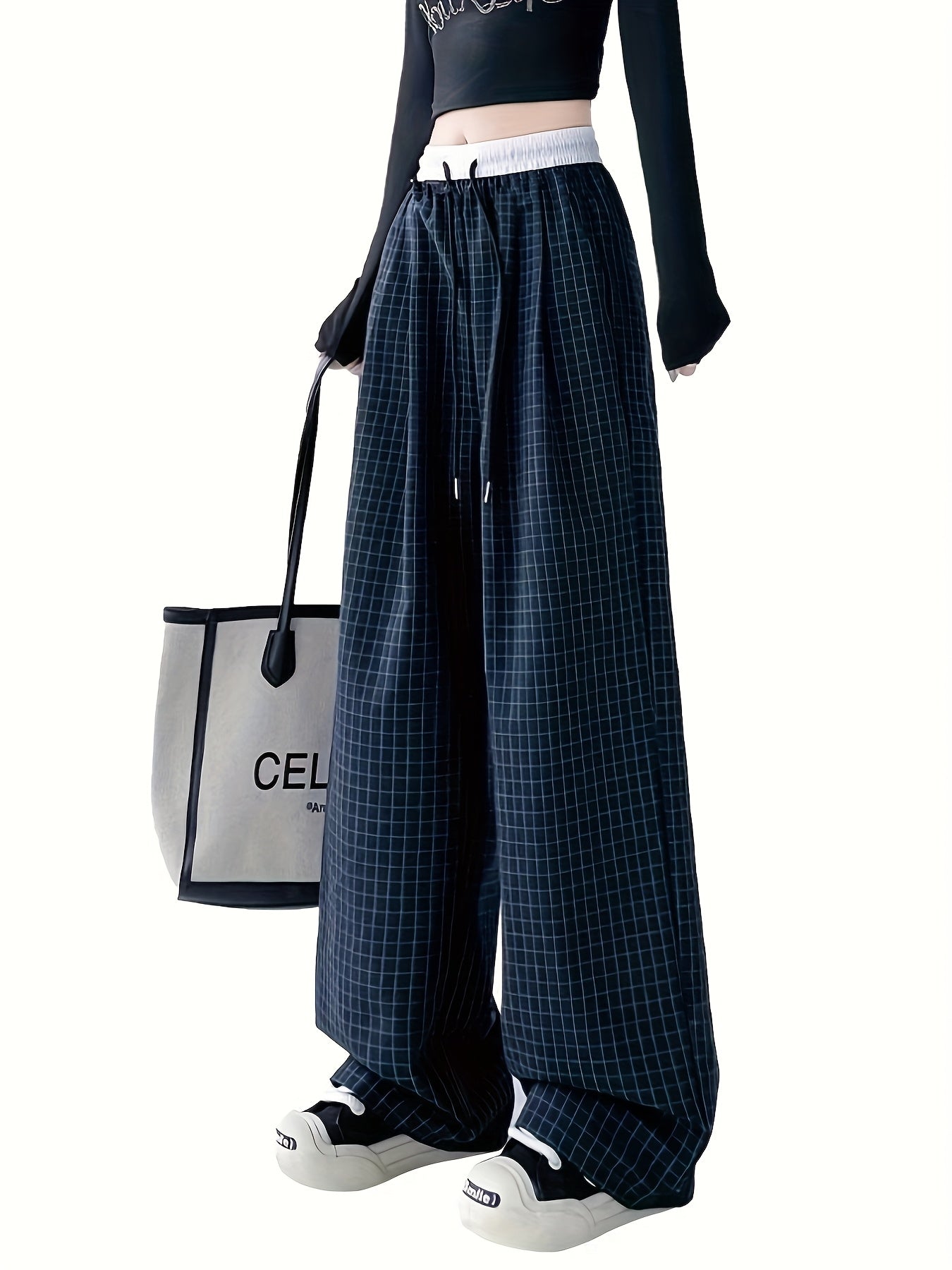 Damen Weite Freizeithose mit Karomuster und Kordelzug – Streetwear Style für Alltag und Freizeit