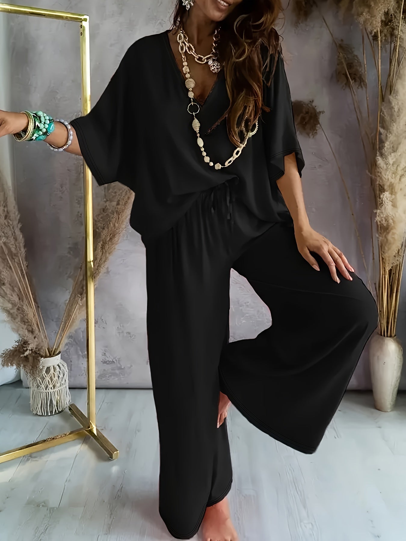 Damen Eleganter Einteiler Jumpsuit mit Weitem Bein und V-Ausschnitt – Modisch für Alltag und Freizeit
