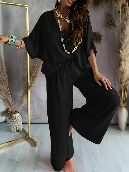Damen Eleganter Einteiler Jumpsuit mit Weitem Bein und V-Ausschnitt – Modisch für Alltag und Freizeit