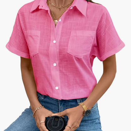 Damen Kurzarm Bluse mit Vogel-Print – Stilvolle Freizeit Hemdbluse für Alltag & Büro
