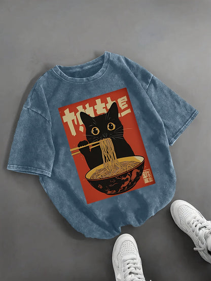 Damen Vintage T-Shirt mit Katzen- und Ramen-Print – Lustiges Streetwear Shirt für Alltag & Freizeit
