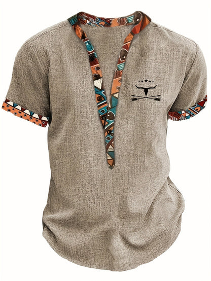Herren Ethno-Kurzarmshirt mit Modernem Muster und V-Ausschnitt – Lässige Mode für Alltag und Freizeit