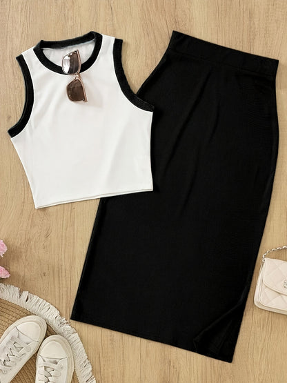 Damen Elegantes 2-teiliges Set – Ärmelloses Top und Rock, Perfekt für Alltag und Büro