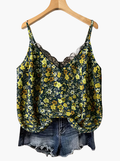 Damen Sommer-Top mit Blumenmuster und Spitzen-Detail – Lässiges Trägertop für Freizeit und Urlaub