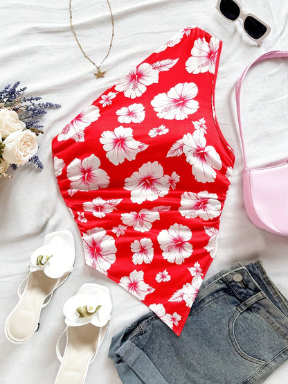 Damen Ein-Schulter Body mit Blumenmuster – Eleganter Sommer-Style für Alltag & Urlaub