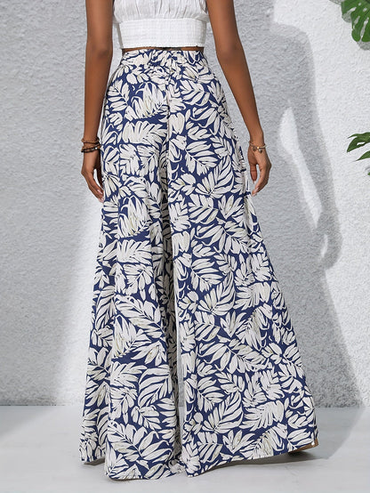 Damen Weite Palazzo-Hose mit tropischem Blattmuster – Sommerlich, Boho, Ideal für Strand & Freizeit
