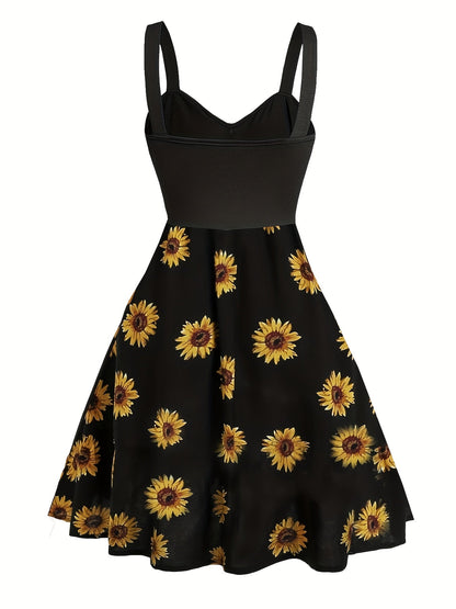 Damen Vintage Sonnenblumen Sommerkleid mit Knopfdetail und Trägern – Perfekt für Freizeit & Urlaub