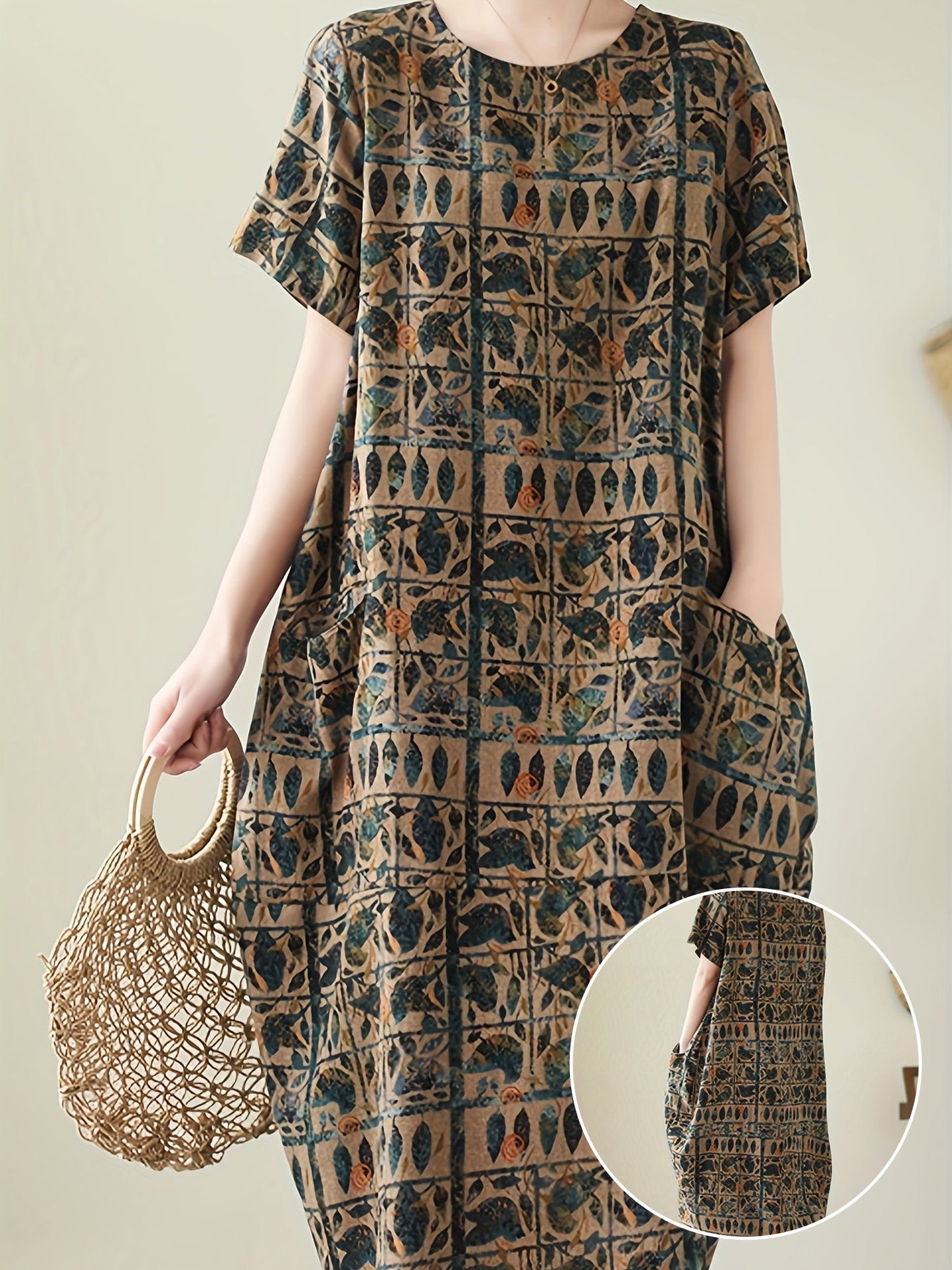 Damen Oversize-Kleid mit künstlerischem geometrisch-botanischem Muster und kurzen Ärmeln – Lässiges Freizeitkleid mit Taschen