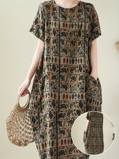 Damen Oversize-Kleid mit künstlerischem geometrisch-botanischem Muster und kurzen Ärmeln – Lässiges Freizeitkleid mit Taschen