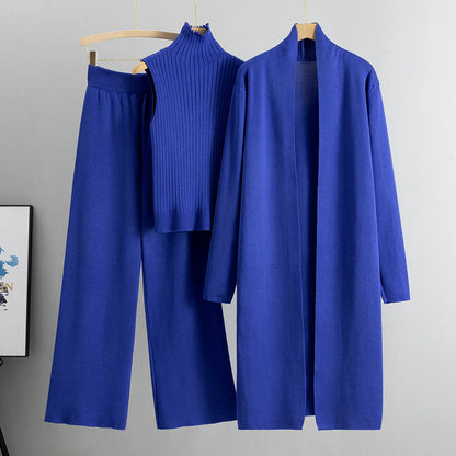 Linda – Strickmode Dreiteiliges Set mit Weste, Cardigan und Weithosen
