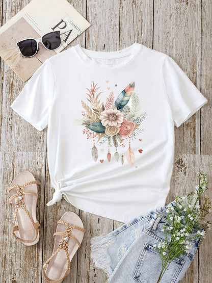 Damen T-Shirt mit Blumen- und Federprint, Casual Style, Ideal für Sommer und Freizeit