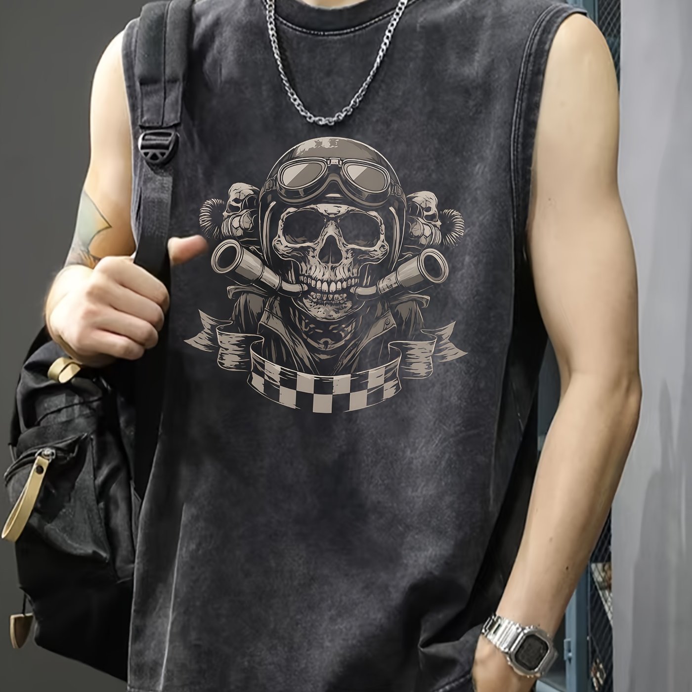 Herren Muskelshirt mit Totenkopf Biker Print – Lässiges Streetwear Tanktop