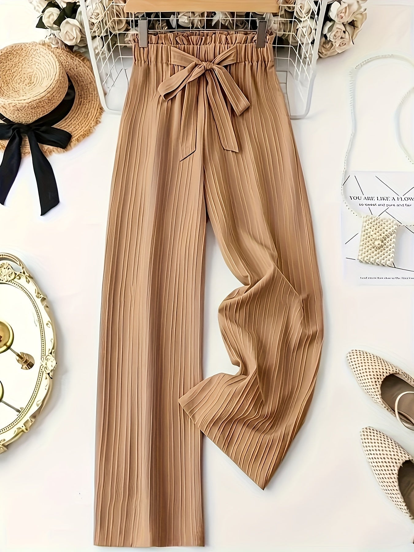 Damen Elegante Plissee-Hose mit Schleife – Weites Bein, Komfortbund, Lässig & Schick für Alltag und Büro